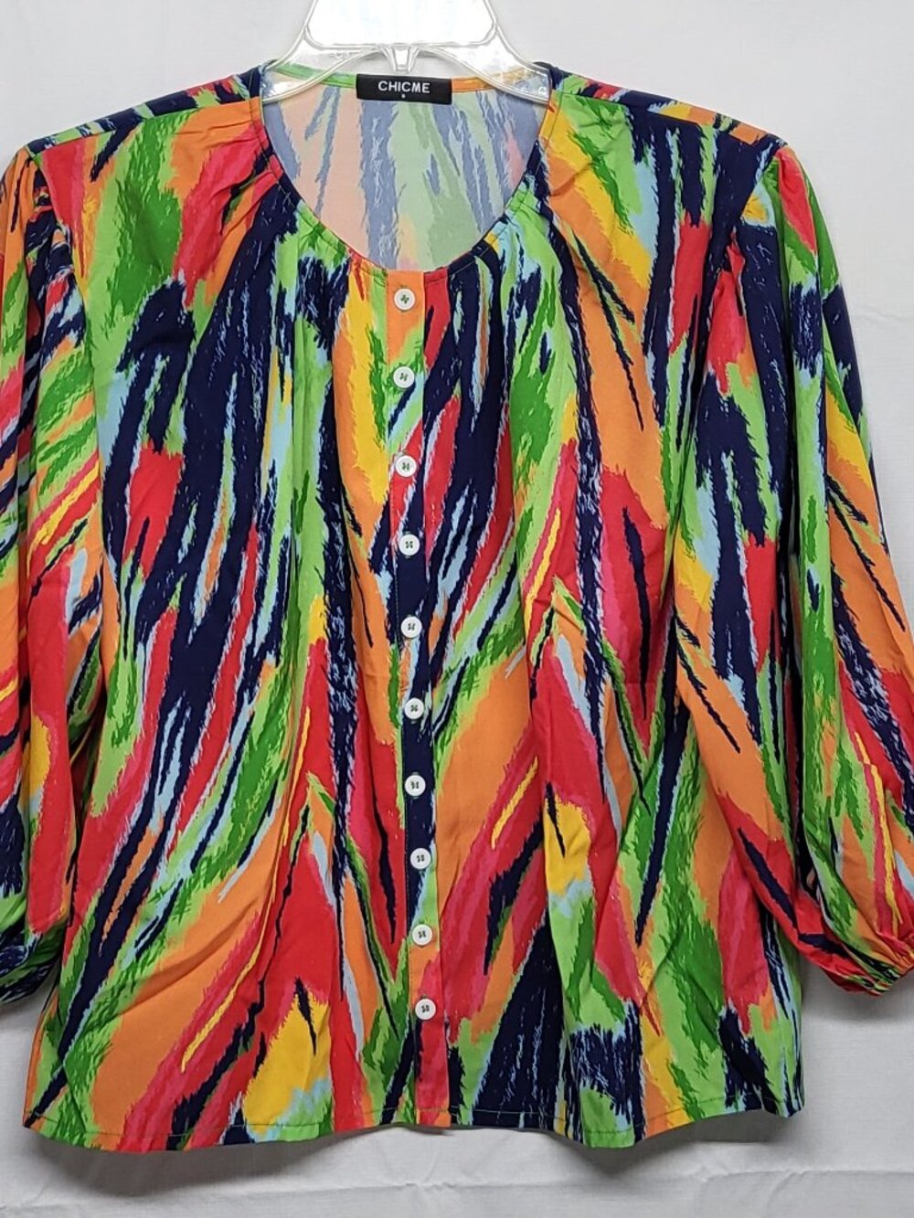 Chic Me Womens Top Size Small Oversized Balloon Sleeve Summer Colorful Button Up